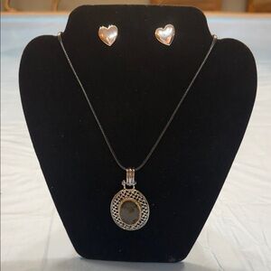 Chic Silver Heart Earrings and Black Pendant Necklace